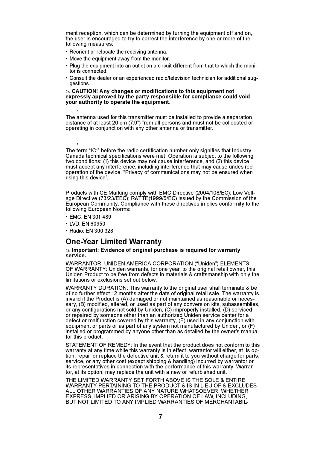 Uniden UDRC14 owner manual IC Compliance Information, Radio Equipment Notice 