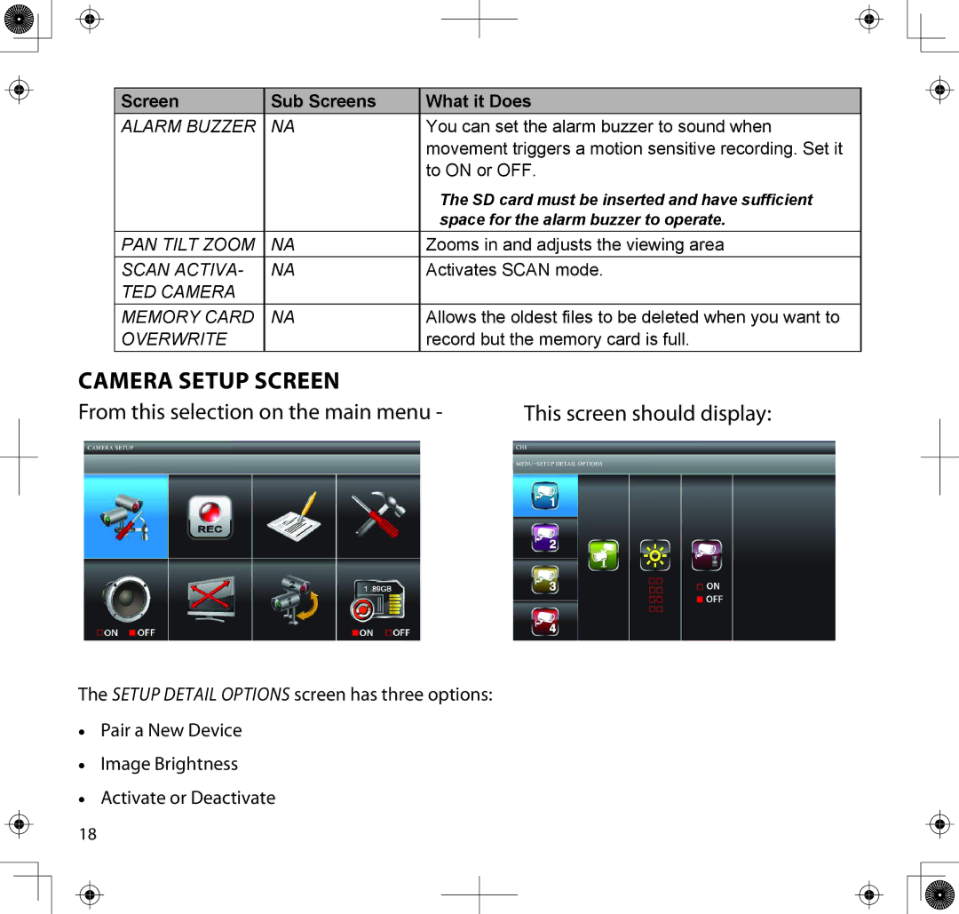 Uniden UDS655 manual Camera Setup Screen, Alarm Buzzer 