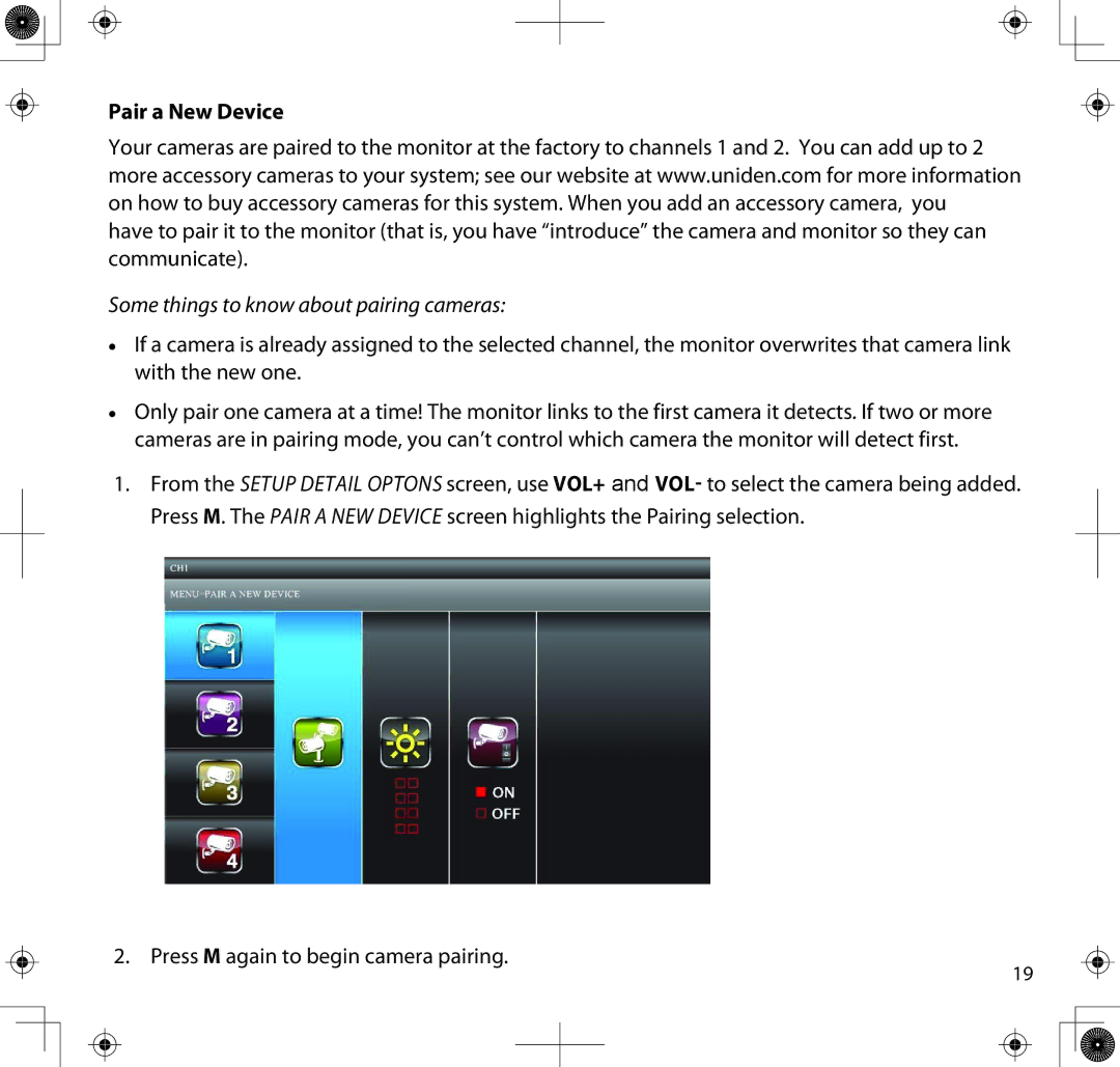 Uniden UDS655 manual Pair a New Device, Some things to know about pairing cameras 