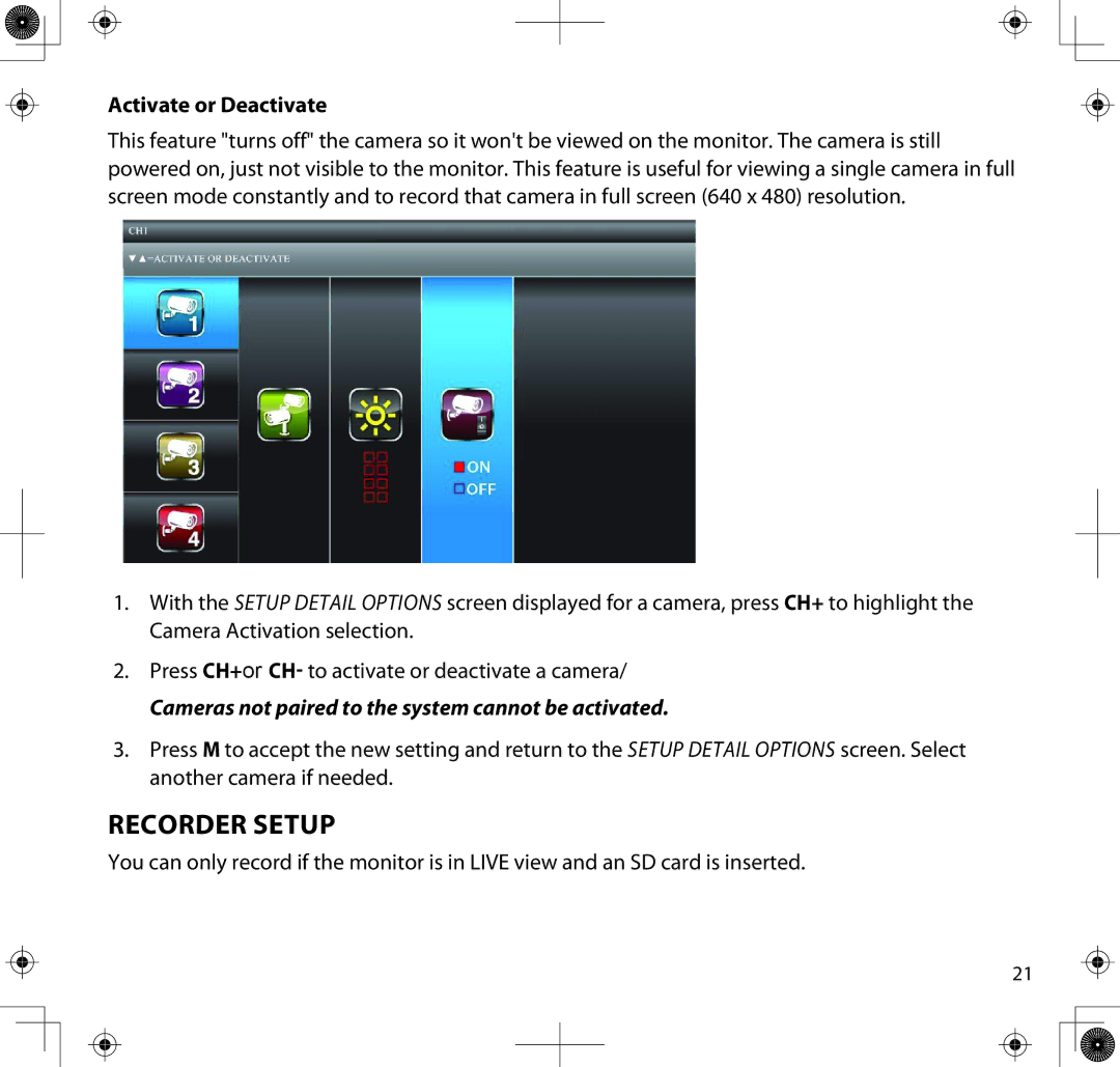 Uniden UDS655 manual Recorder Setup, Activate or Deactivate 