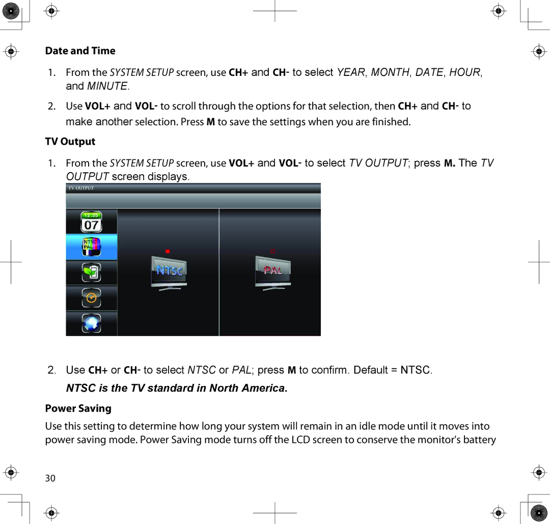 Uniden UDS655 manual Date and Time, TV Output, Power Saving 