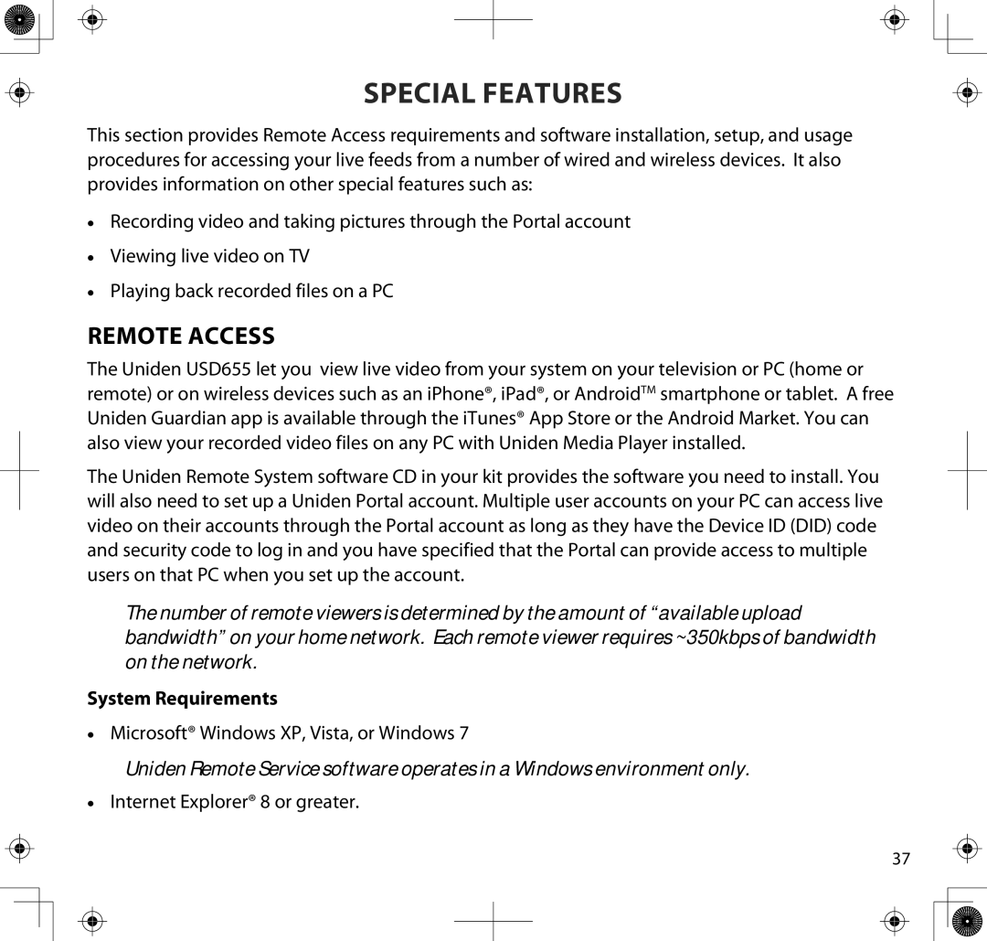 Uniden UDS655 manual Remote Access, System Requirements 