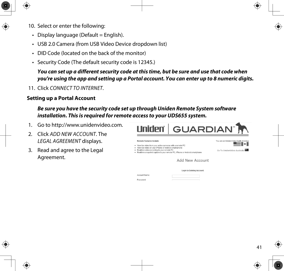 Uniden UDS655 manual Click Connect to Internet, Setting up a Portal Account 