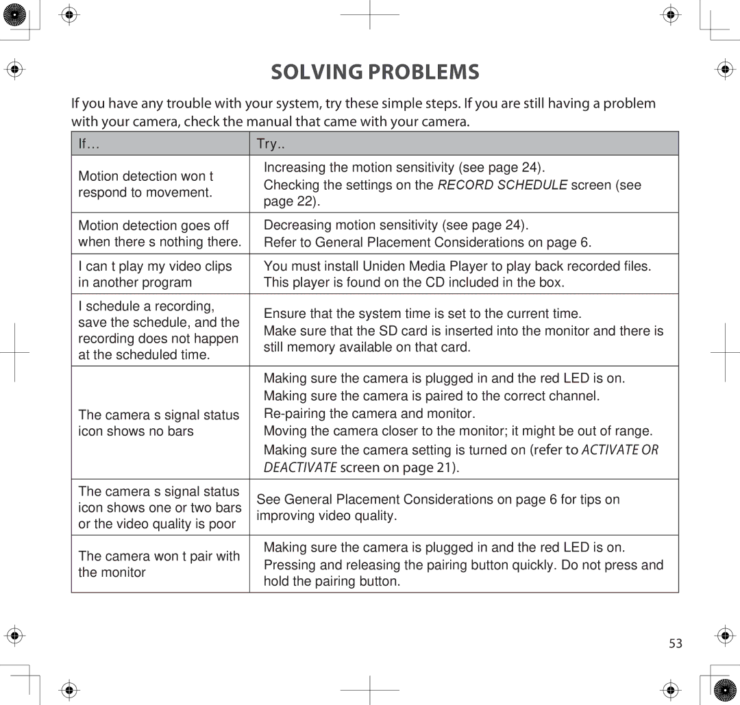 Uniden UDS655 manual Solving Problems 