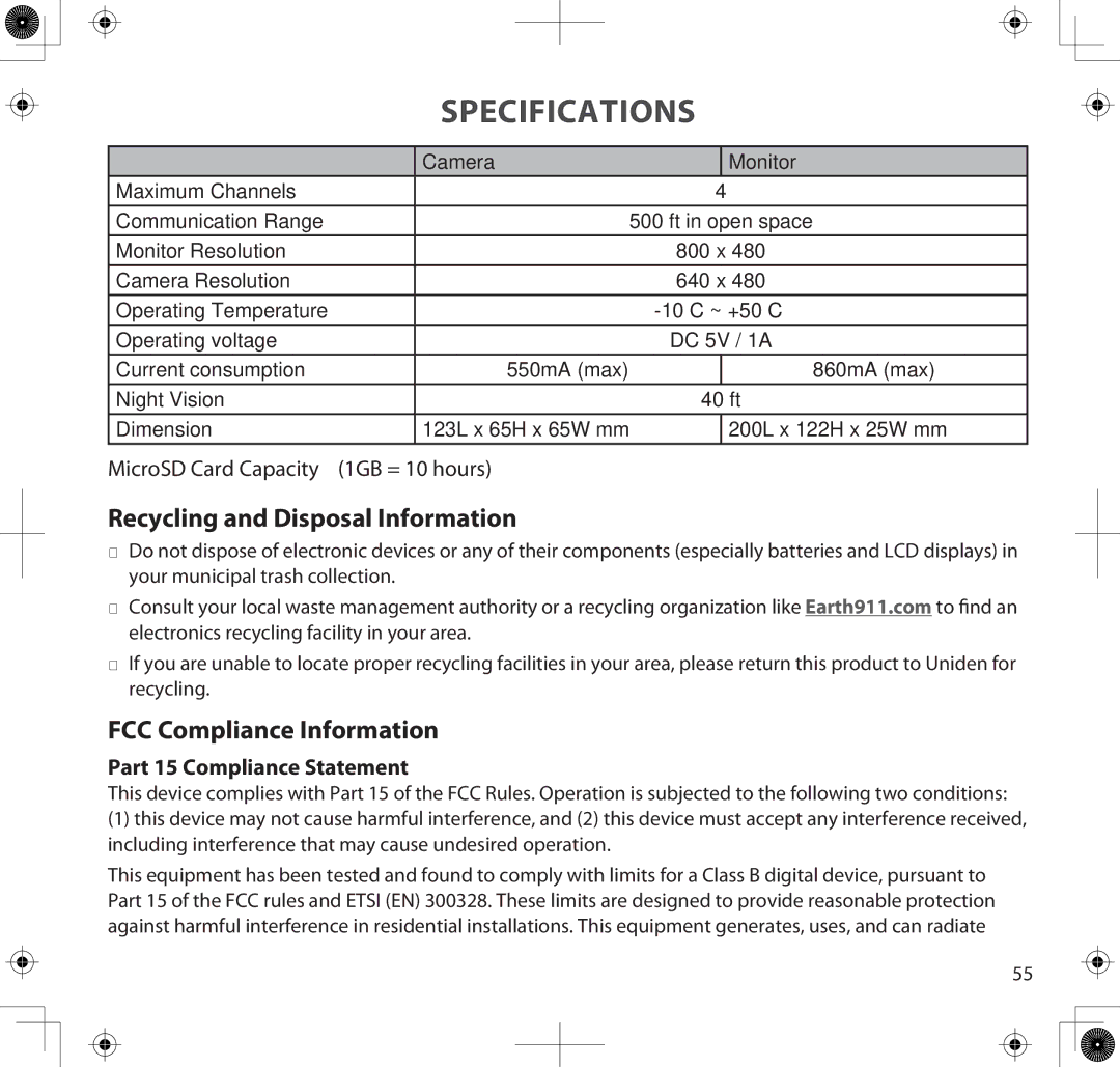 Uniden UDS655 manual Specifications, Part 15 Compliance Statement 