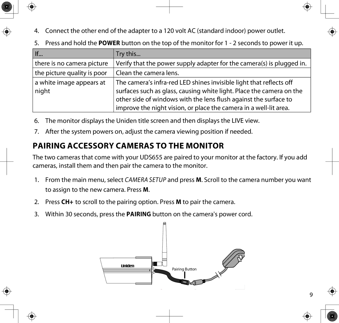 Uniden UDS655 manual Pairing Accessory Cameras to The Monitor 