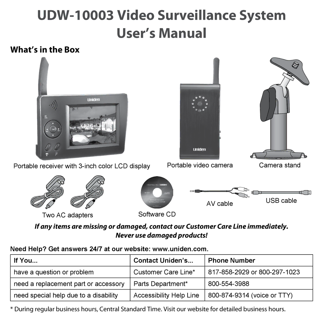 Uniden UDW-10003 user manual What’s in the Box, If You Contact Uniden’s Phone Number 