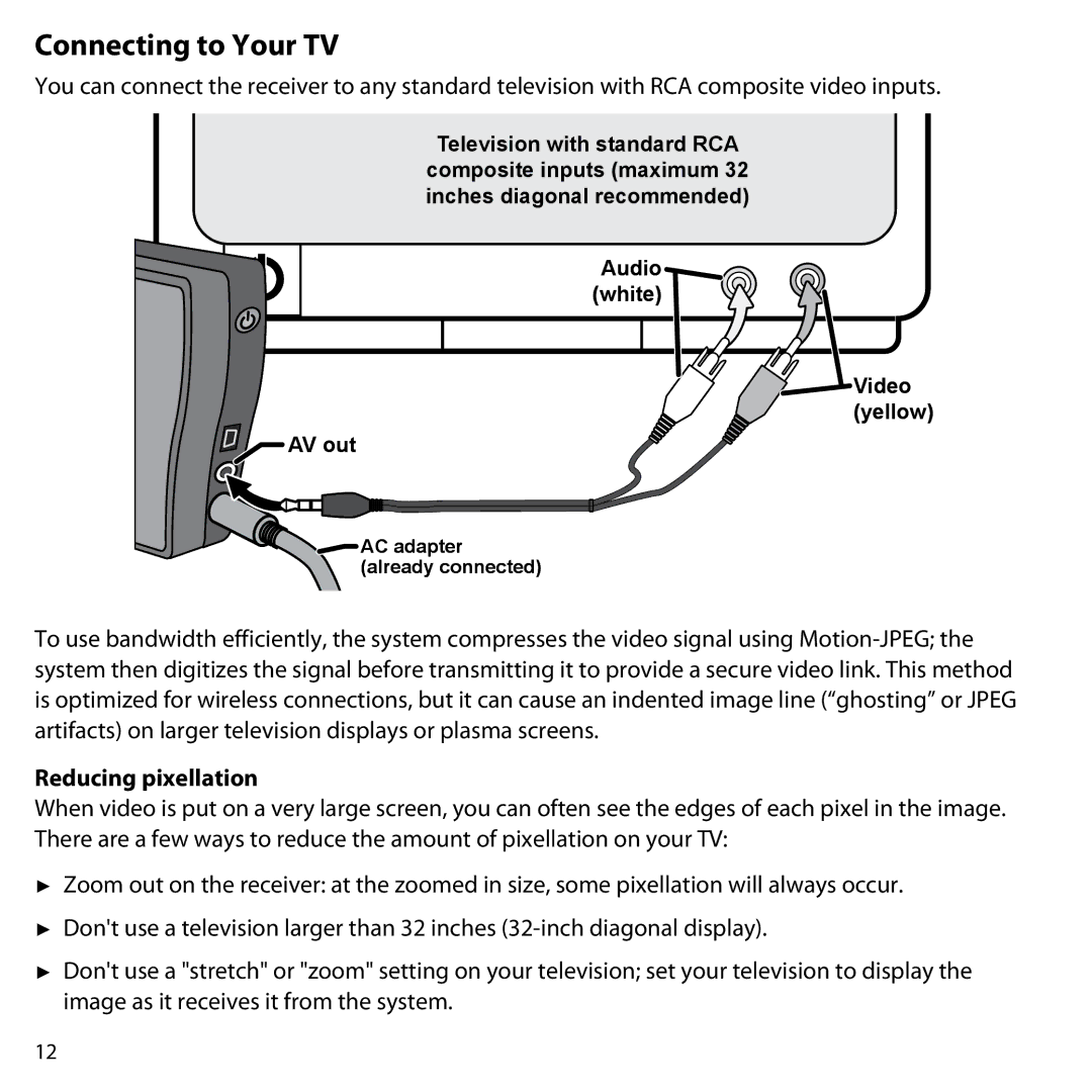 Uniden UDW-10003 user manual Connecting to Your TV, Reducing pixellation 