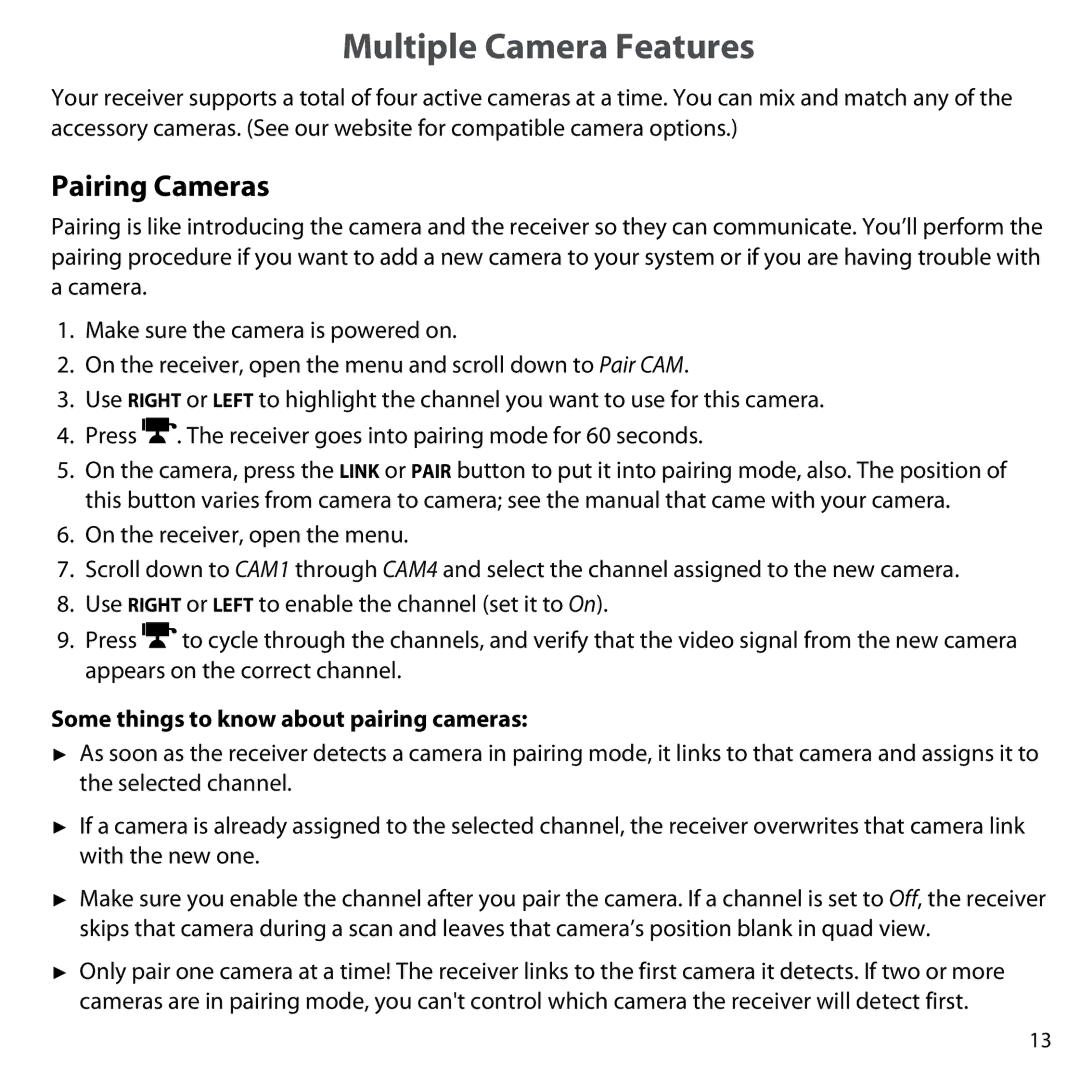 Uniden UDW-10003 user manual Multiple Camera Features, Pairing Cameras, Some things to know about pairing cameras 