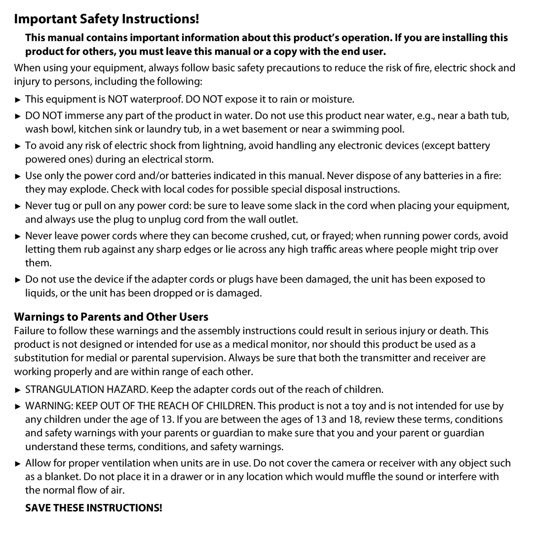 Uniden UDW-10003 user manual Important Safety Instructions 