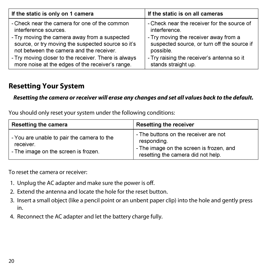 Uniden UDW-10003 user manual Resetting Your System, Resetting the camera Resetting the receiver 