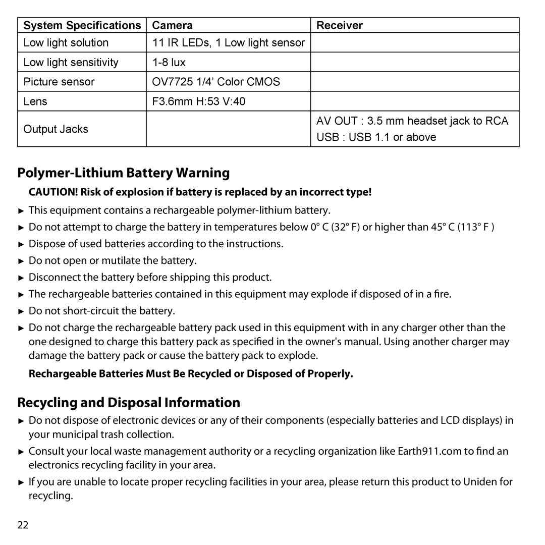 Uniden UDW-10003 user manual Polymer-Lithium Battery Warning, Recycling and Disposal Information 