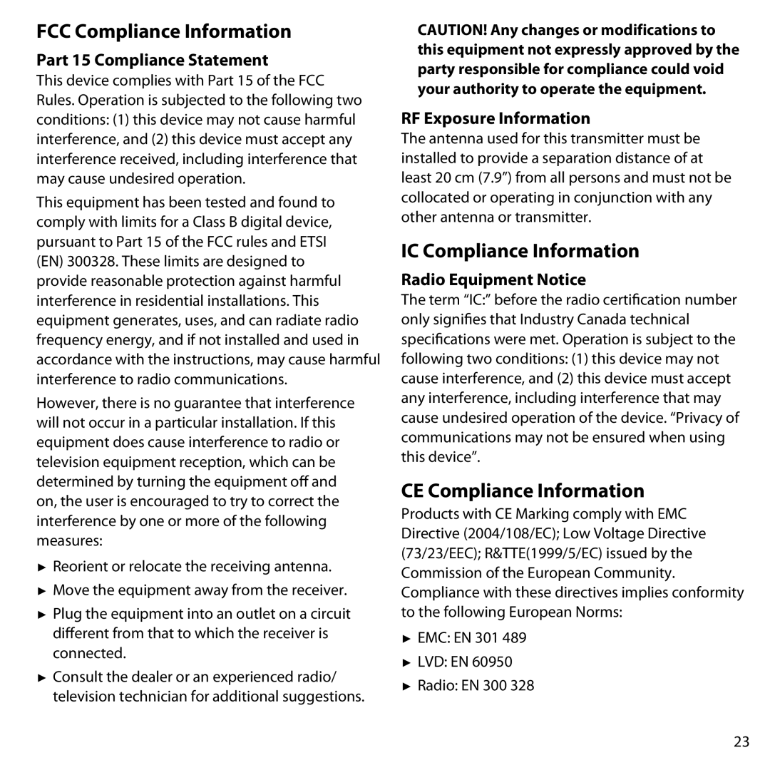 Uniden UDW-10003 user manual FCC Compliance Information, IC Compliance Information, CE Compliance Information 