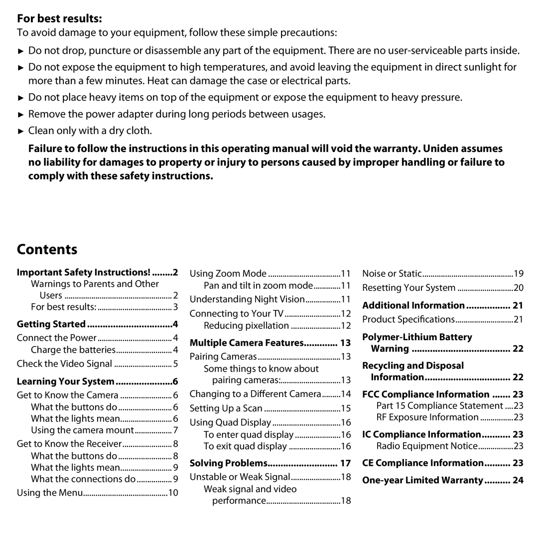 Uniden UDW-10003 user manual Contents 