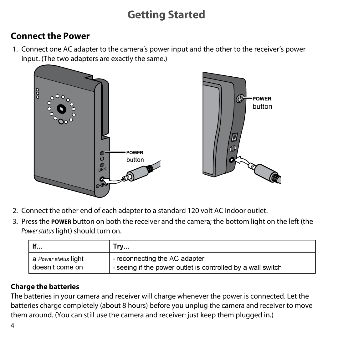 Uniden UDW-10003 user manual Getting Started, Connect the Power, Charge the batteries, Try 