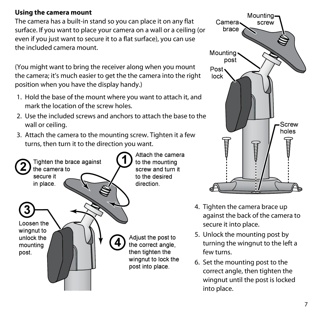 Uniden UDW-10003 user manual Using the camera mount, Mounting Camera screw brace Post Lock Screw holes 