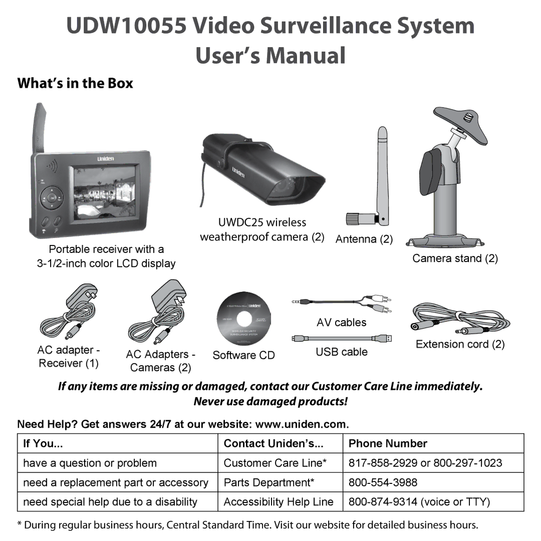 Uniden UDW10055 user manual What’s in the Box, If You Contact Uniden’s Phone Number 