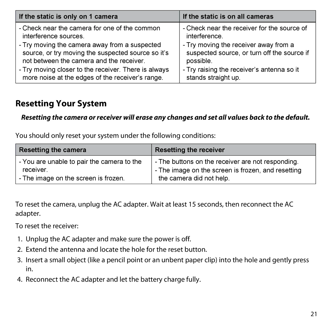 Uniden UDW10055 user manual Resetting Your System, Resetting the camera Resetting the receiver 