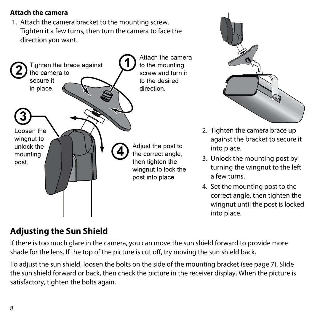 Uniden UDW10055 user manual Adjusting the Sun Shield, Attach the camera 