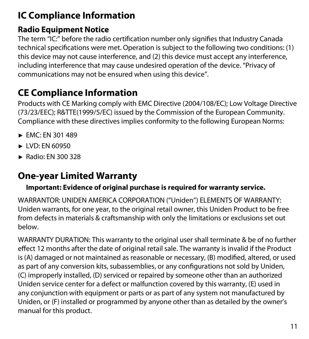 Uniden UDWC23 IC Compliance Information, CE Compliance Information, One-year Limited Warranty, Radio Equipment Notice 