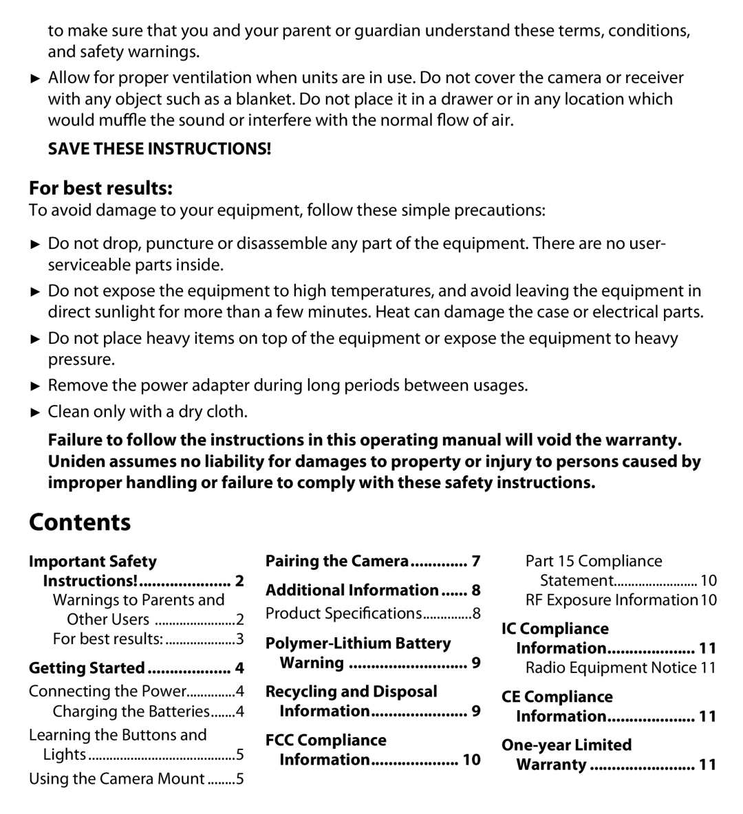 Uniden UDWC23 user manual Contents 