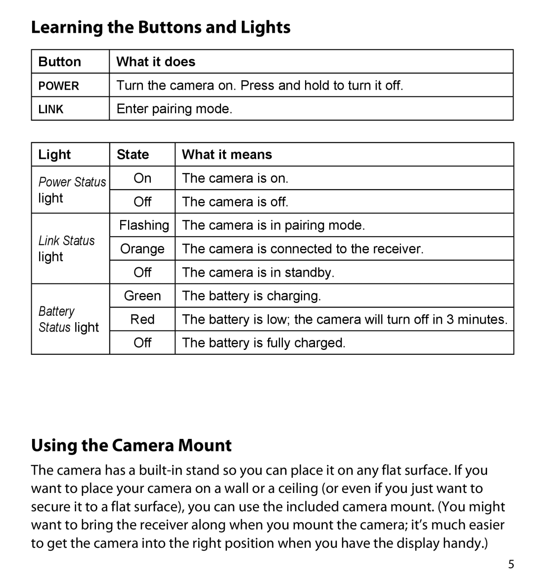 Uniden UDWC23 Learning the Buttons and Lights, Using the Camera Mount, Button What it does, Light State What it means 