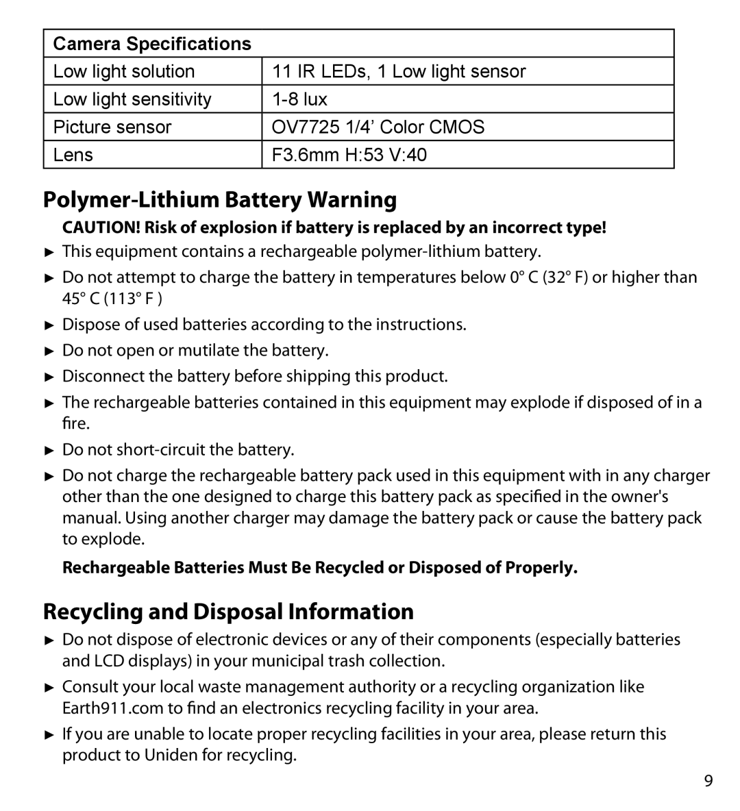 Uniden UDWC23 user manual Polymer-Lithium Battery Warning, Recycling and Disposal Information 