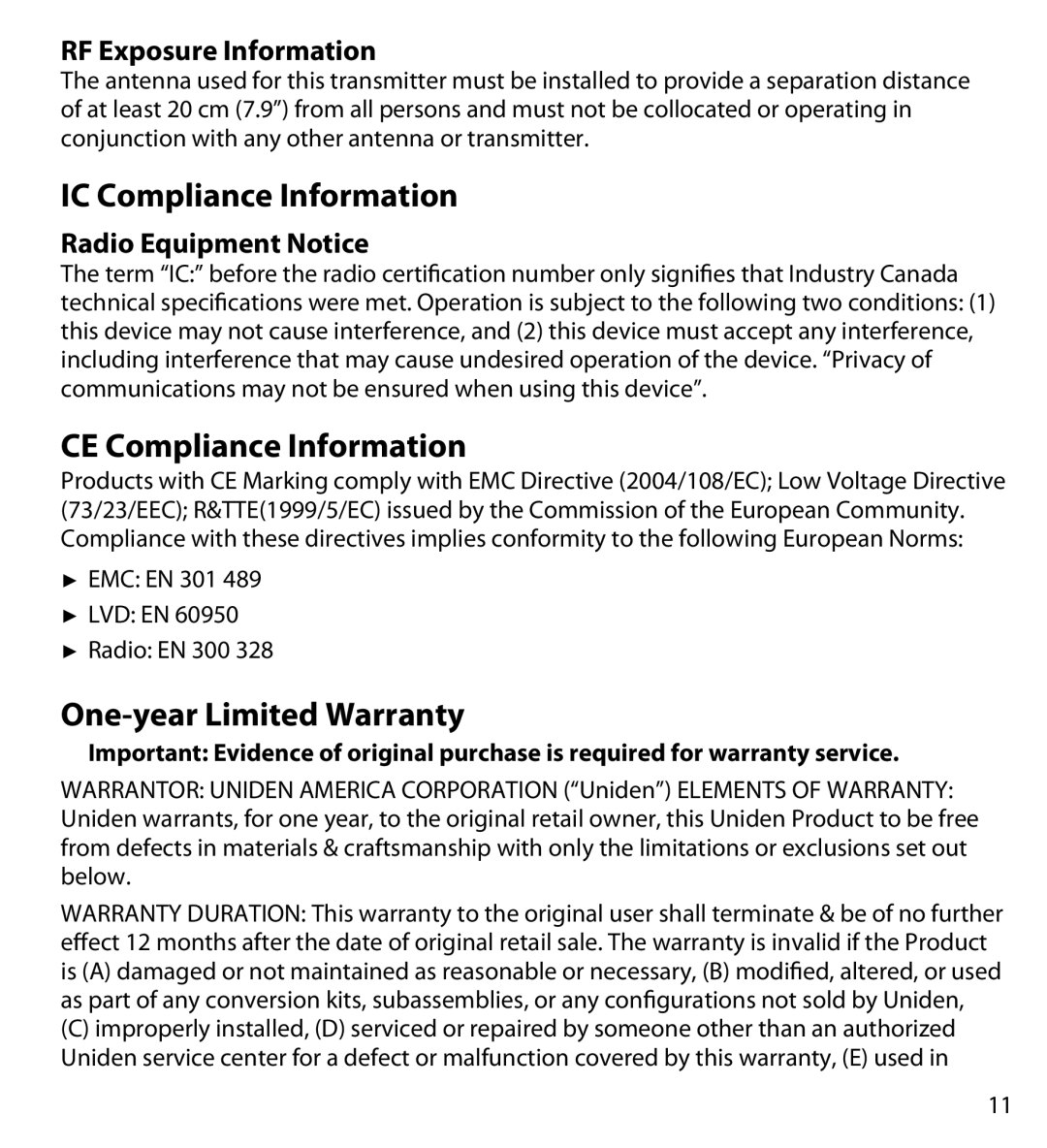 Uniden UDWC25 IC Compliance Information, CE Compliance Information, One-year Limited Warranty, RF Exposure Information 