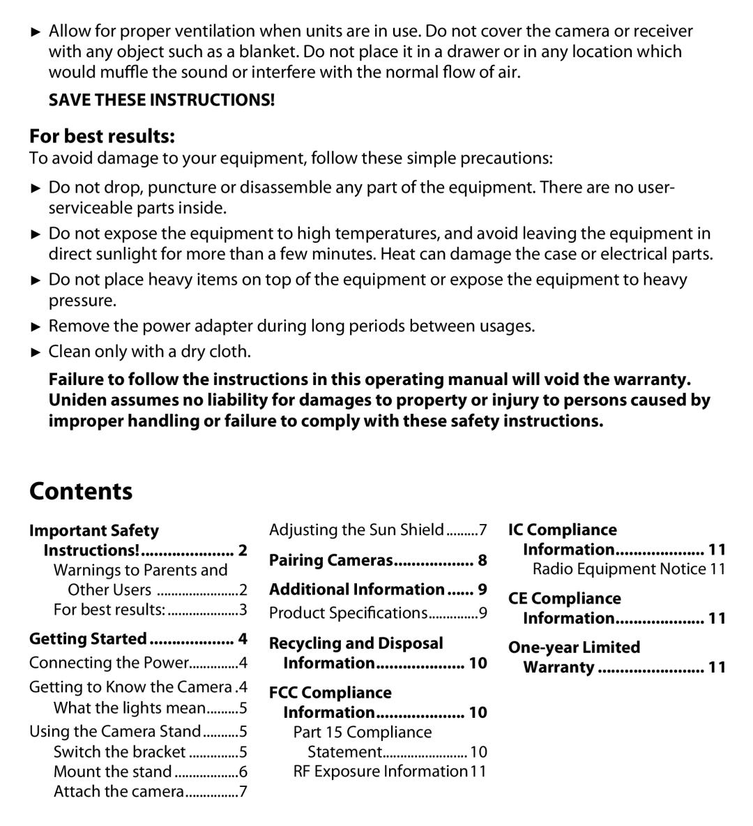 Uniden UDWC25 user manual Contents 