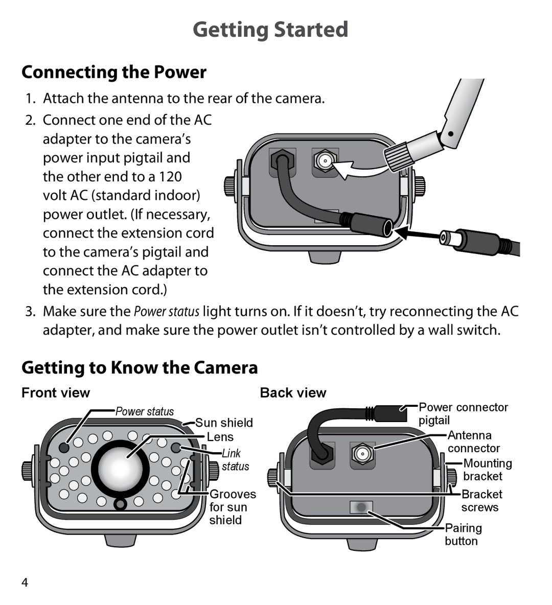 Uniden UDWC25 user manual Getting Started, Connecting the Power, Getting to Know the Camera, Front view Back view 