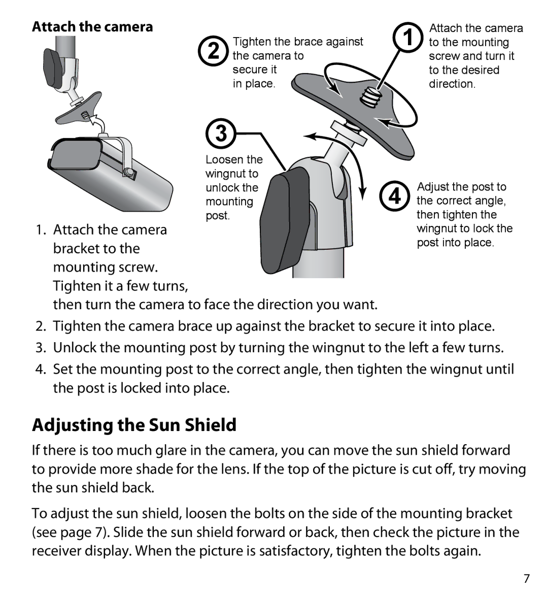 Uniden UDWC25 user manual Adjusting the Sun Shield, Attach the camera 