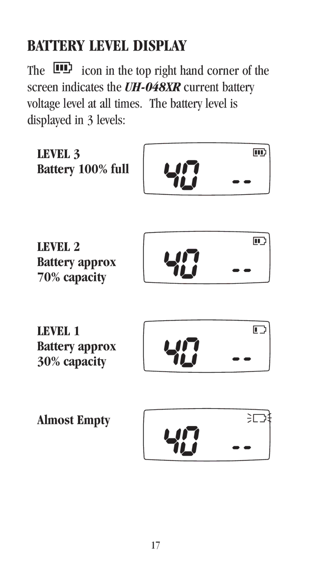 Uniden UH-048XR manual Battery Level Display 