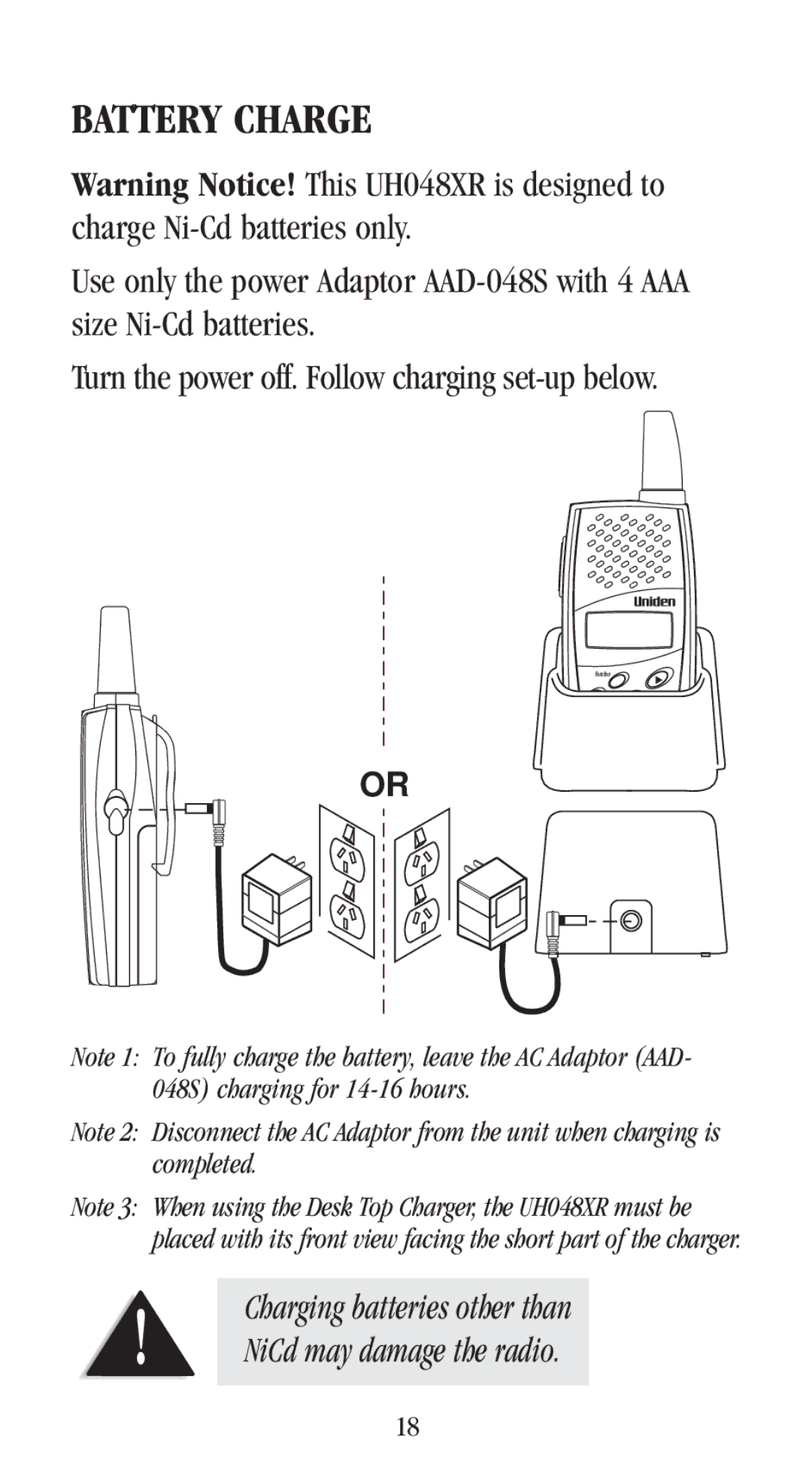 Uniden UH-048XR manual Battery Charge 