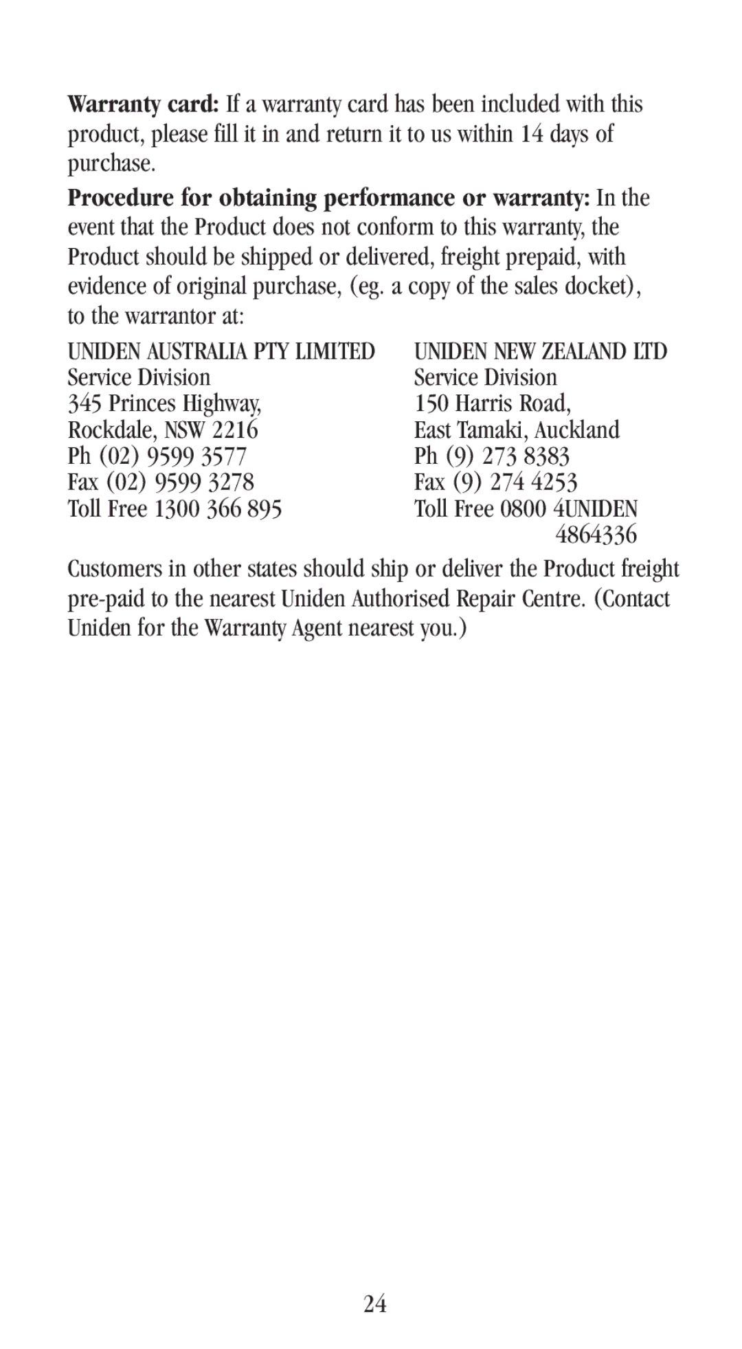 Uniden UH-048XR manual Procedure for obtaining performance or warranty 