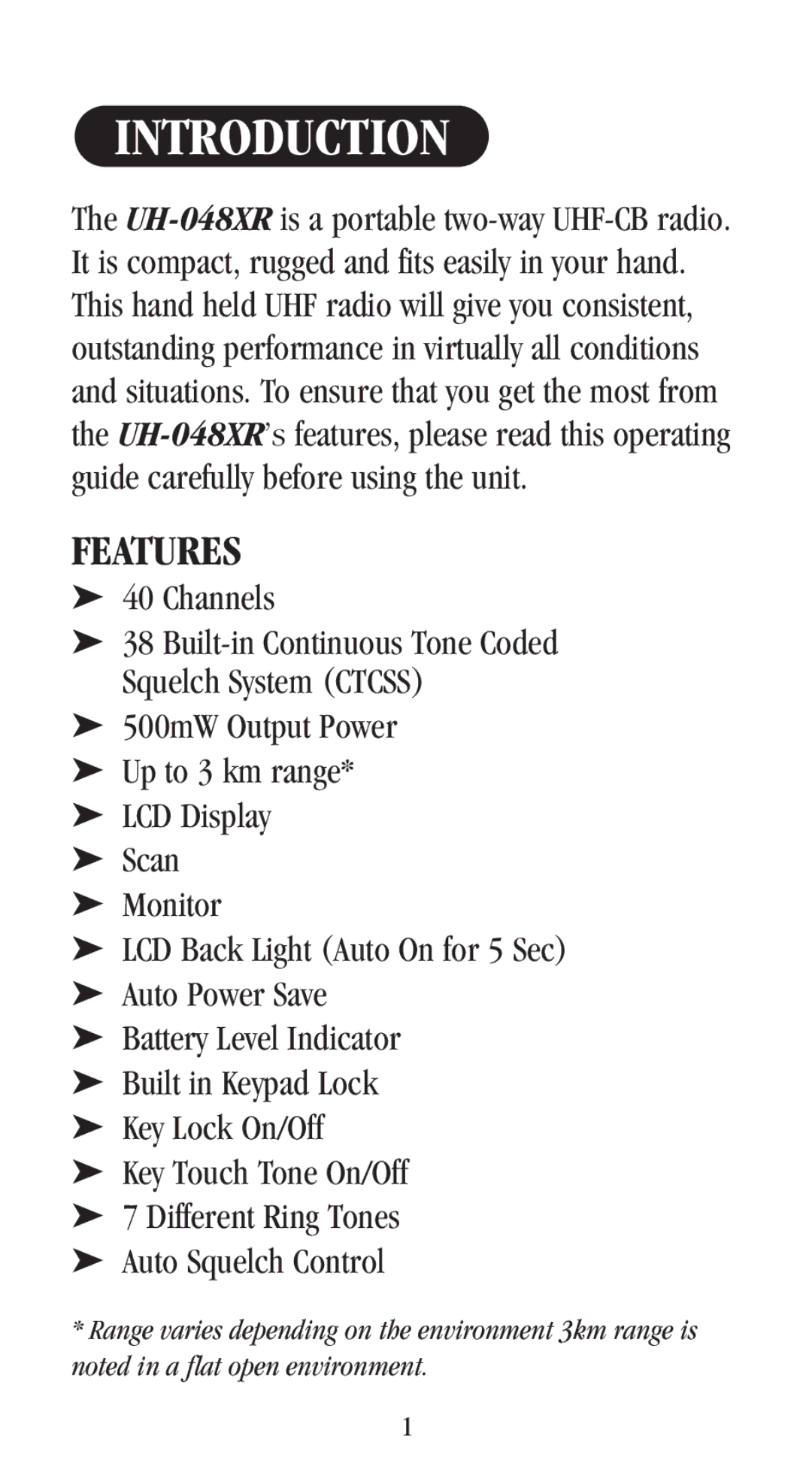 Uniden UH-048XR manual Introduction, Features 