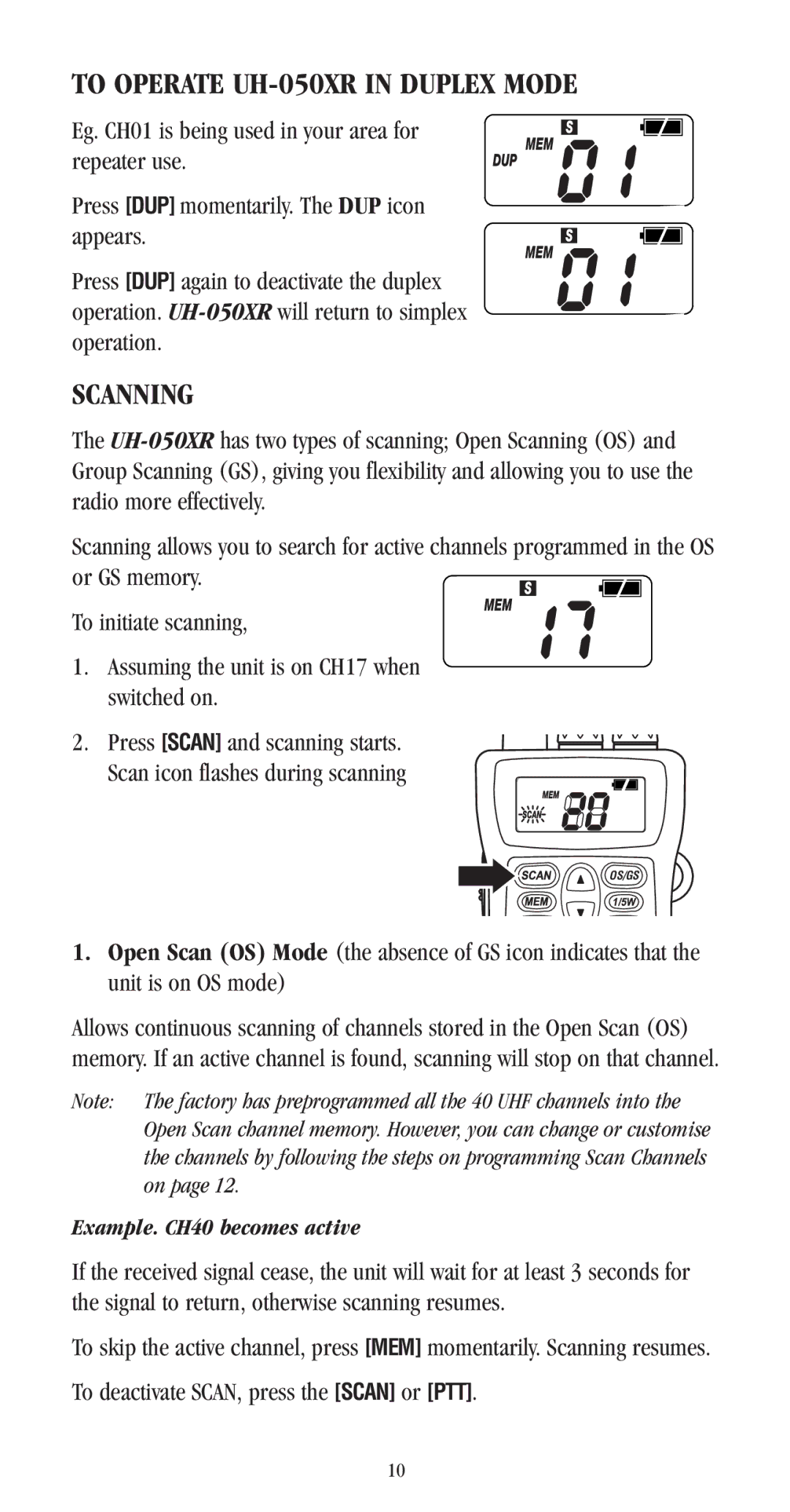 Uniden manual To Operate UH-050XR in Duplex Mode, Scanning 