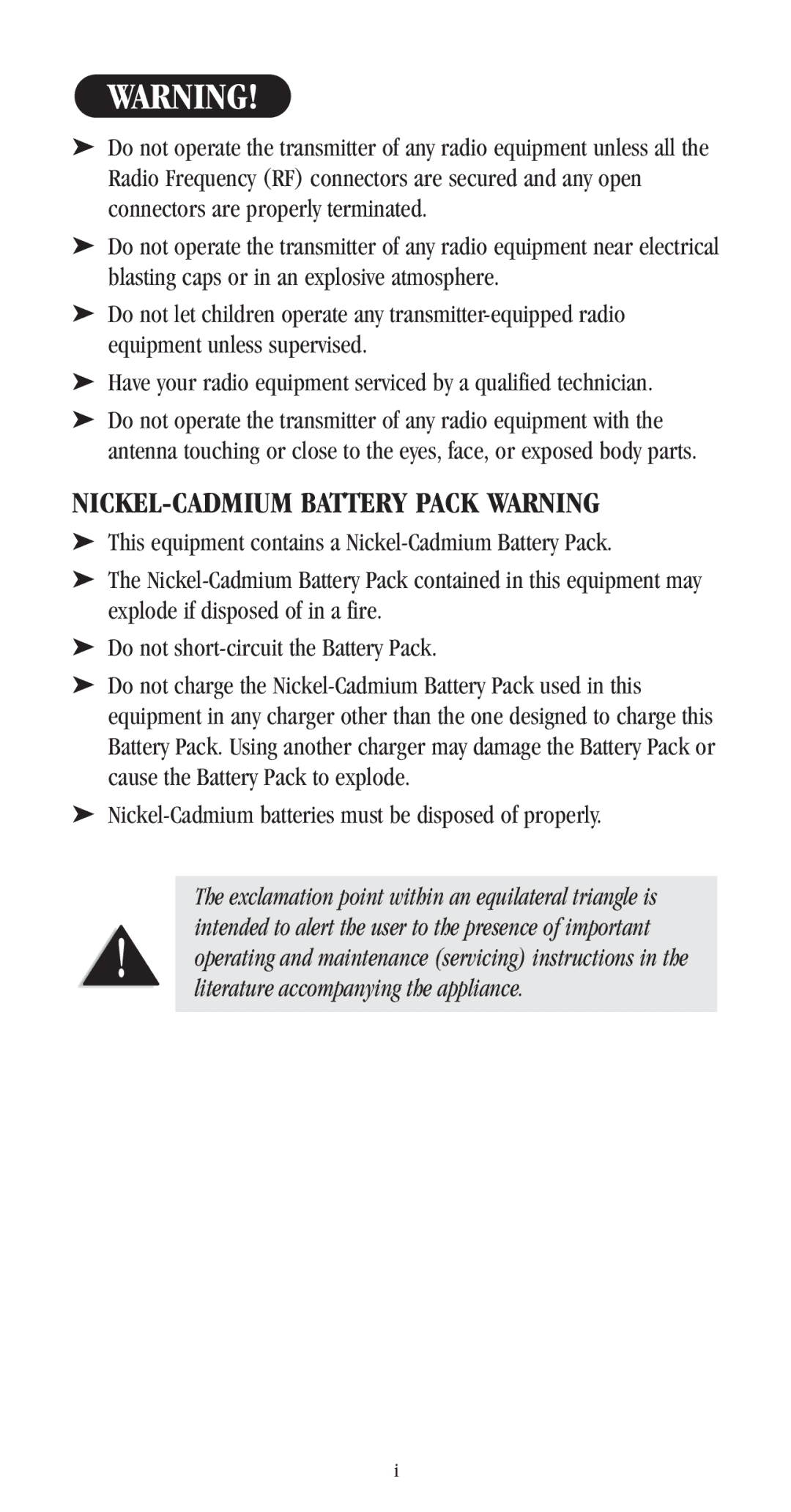 Uniden UH-050XR manual NICKEL-CADMIUM Battery Pack Warning 