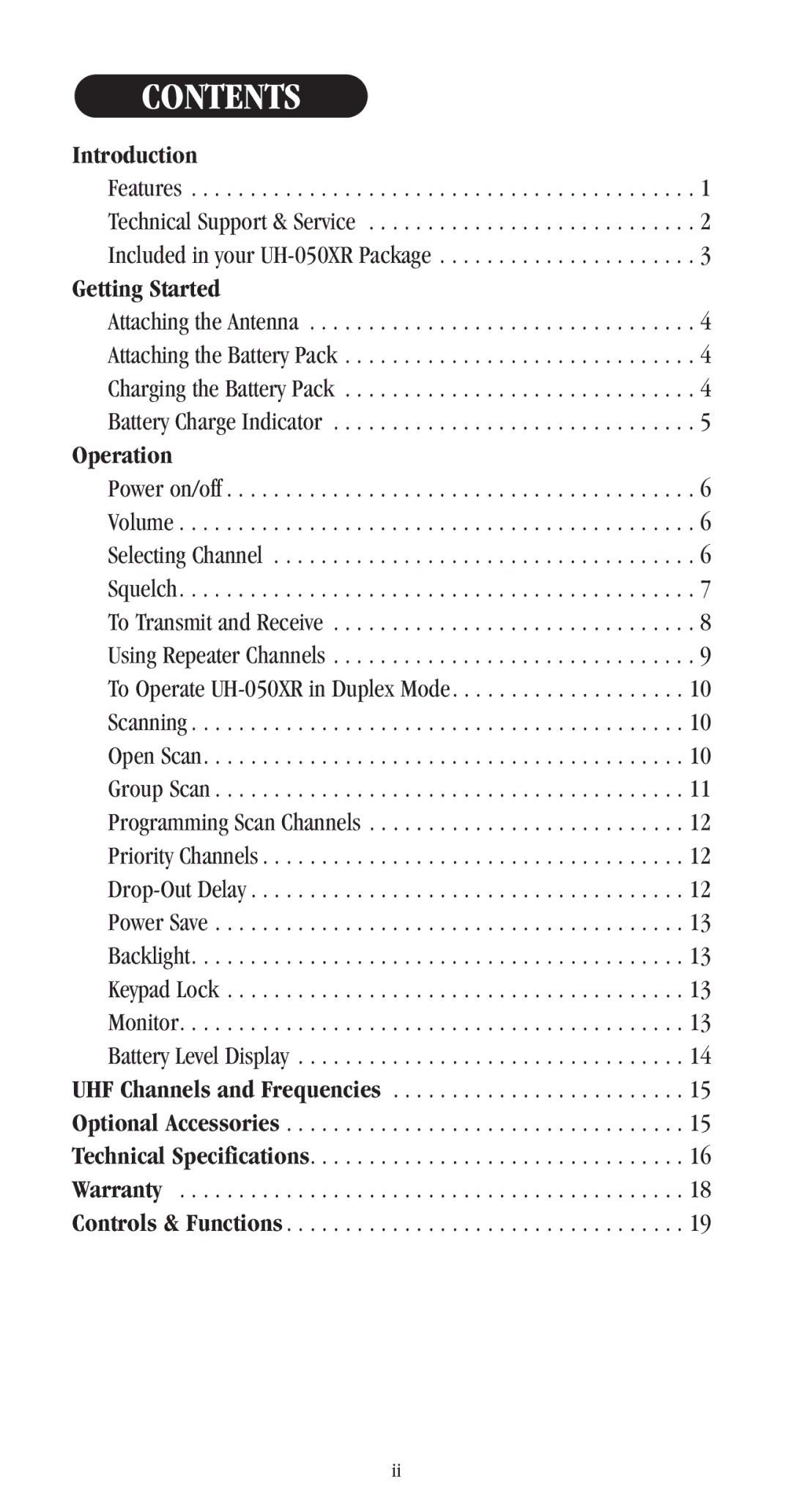 Uniden UH-050XR manual Contents 