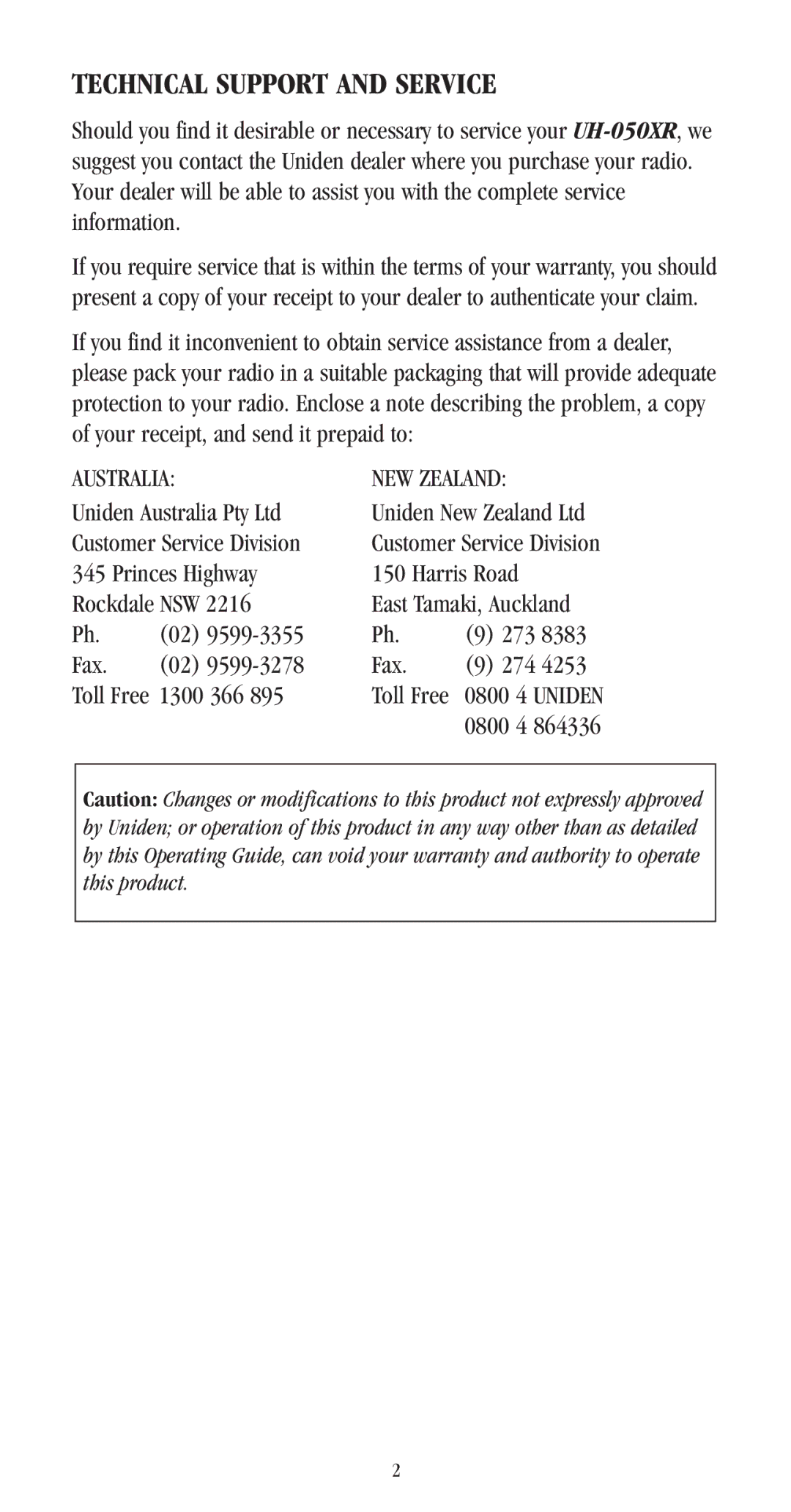 Uniden UH-050XR manual Technical Support and Service, Australia 