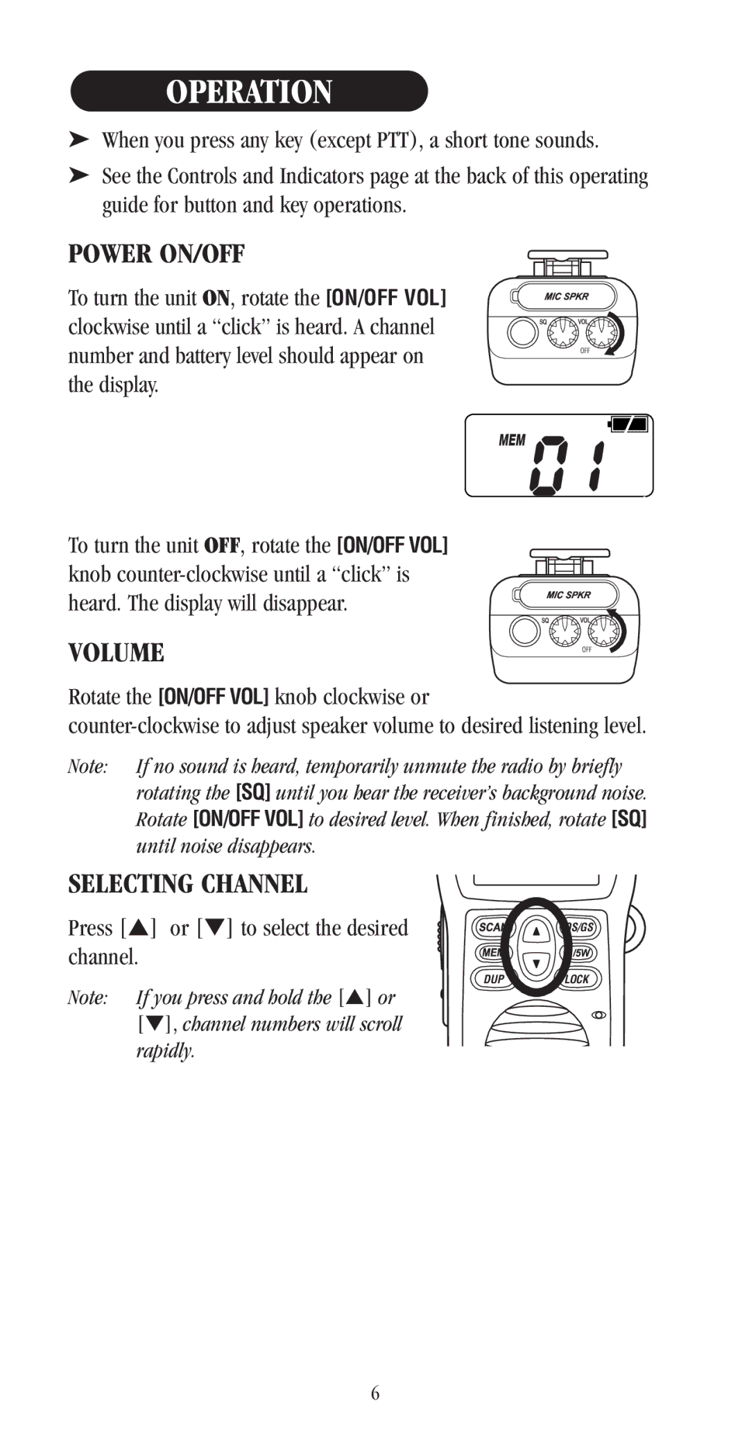 Uniden UH-050XR manual Operation, Power ON/OFF, Volume, Selecting Channel 