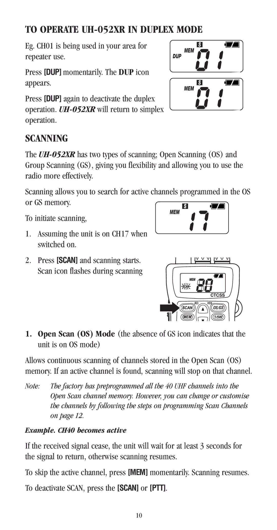 Uniden manual To Operate UH-052XR in Duplex Mode, Scanning 