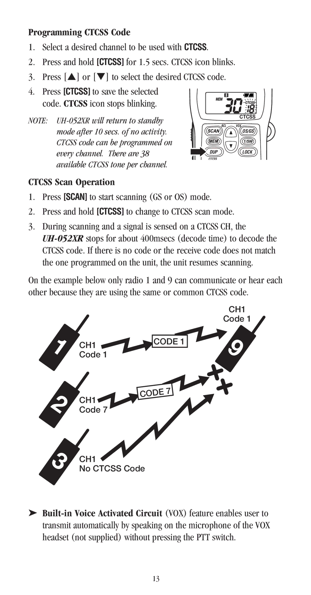 Uniden UH-052XR manual Programming Ctcss Code, Ctcss Scan Operation 