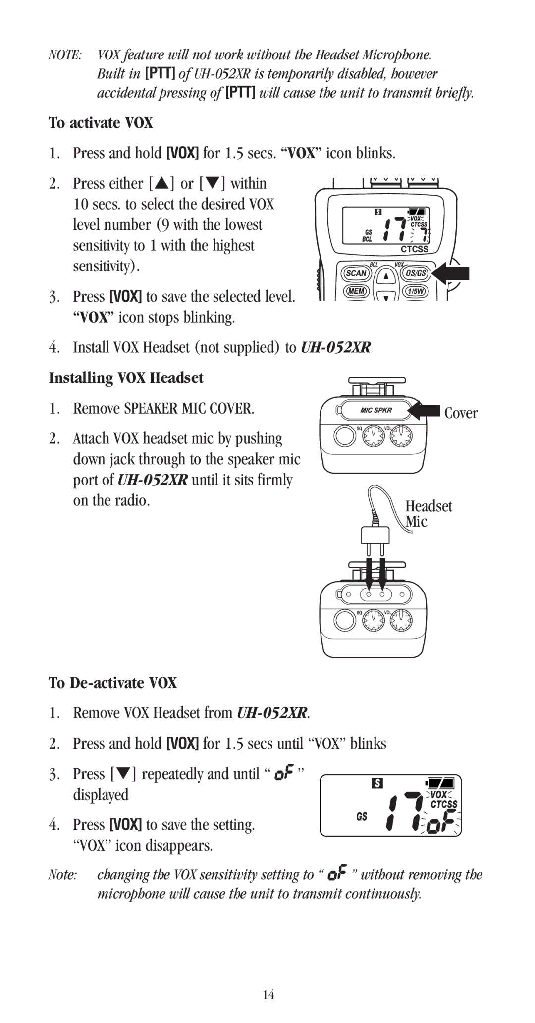 Uniden UH-052XR manual To activate VOX, Installing VOX Headset, To De-activate VOX 