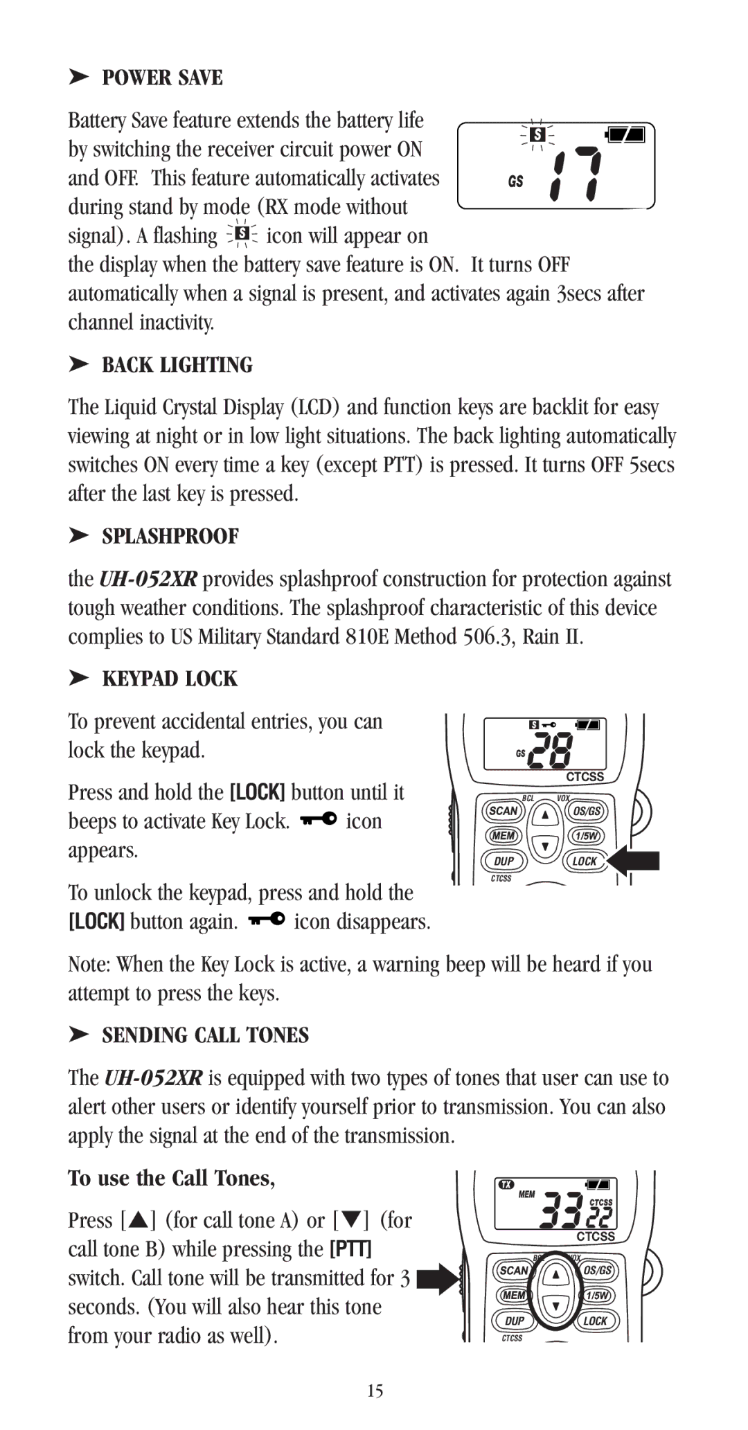 Uniden UH-052XR manual Power Save, To use the Call Tones 