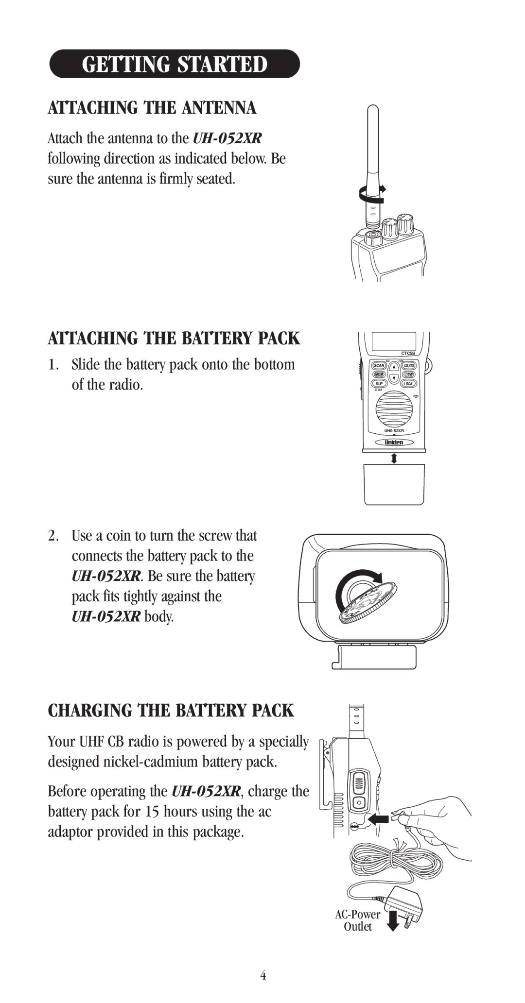 Uniden UH-052XR manual Getting Started, Attaching the Antenna, Charging the Battery Pack 