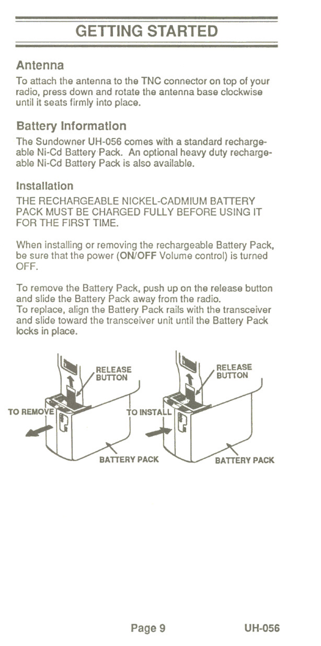 Uniden UH-056 manual Getting Started, Installation 