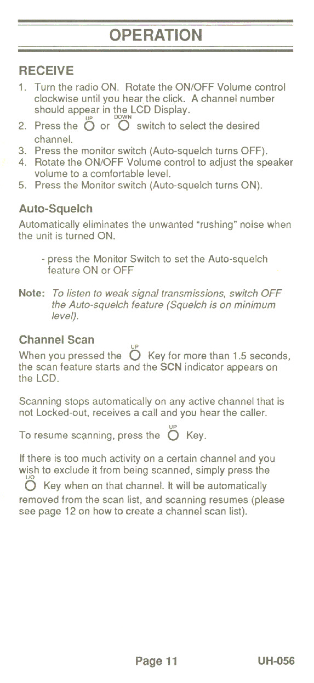 Uniden UH-056 manual Operation 