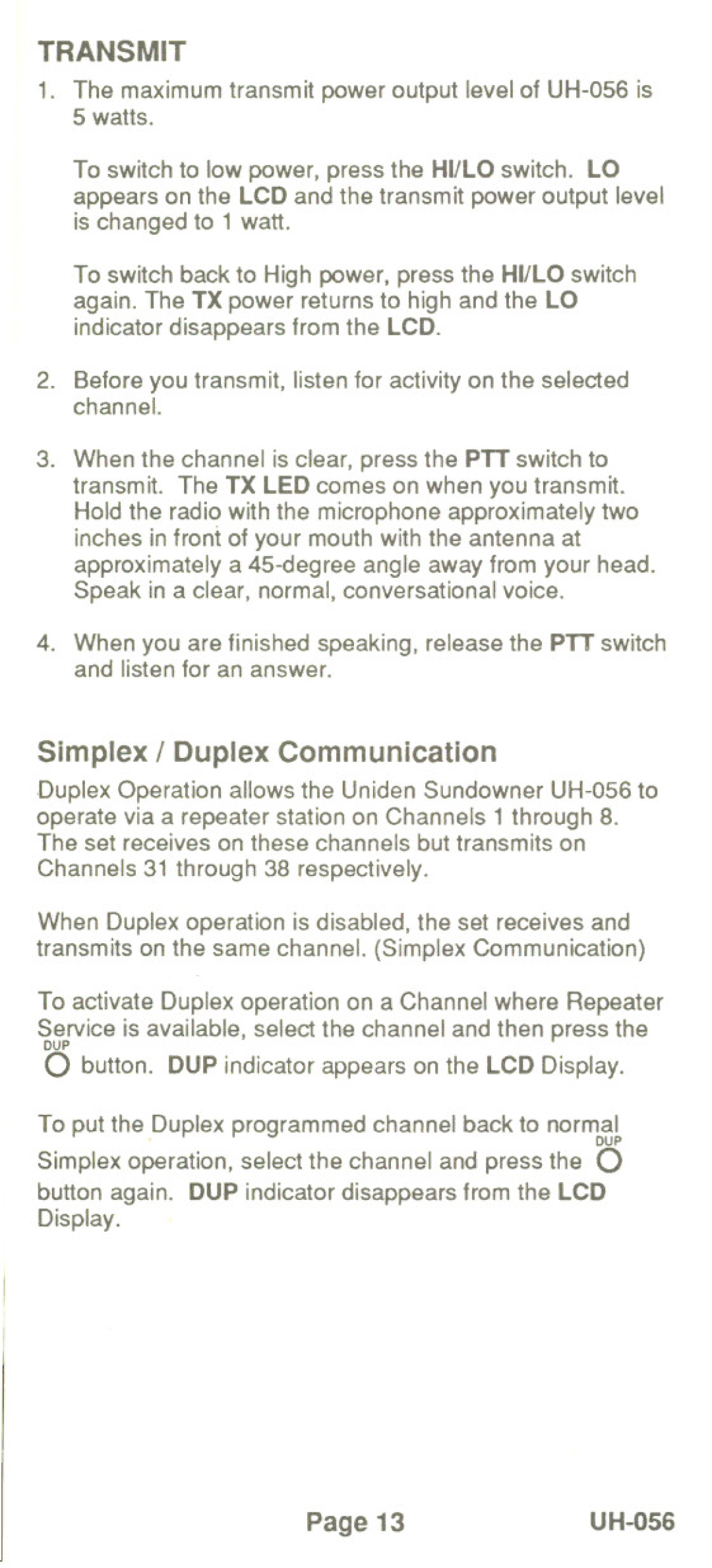 Uniden UH-056 manual Simplex / Duplex Communication, UH-O56 