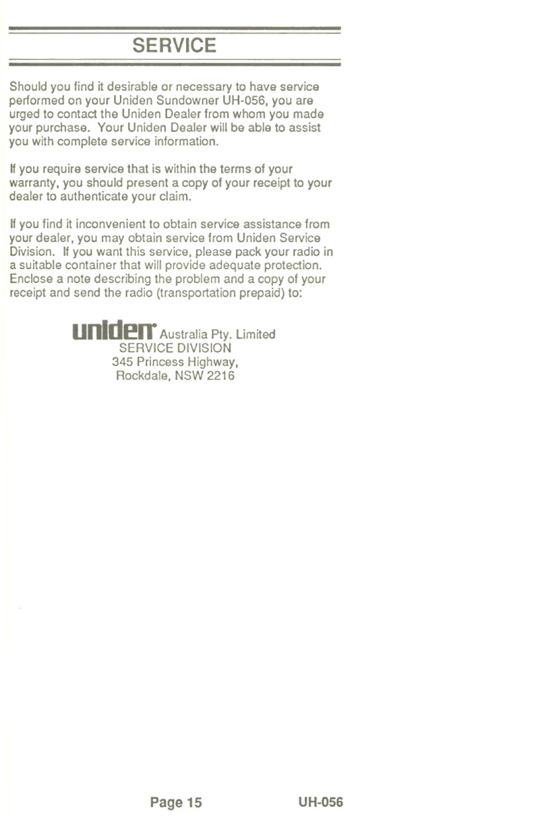 Uniden UH-056 manual Service 