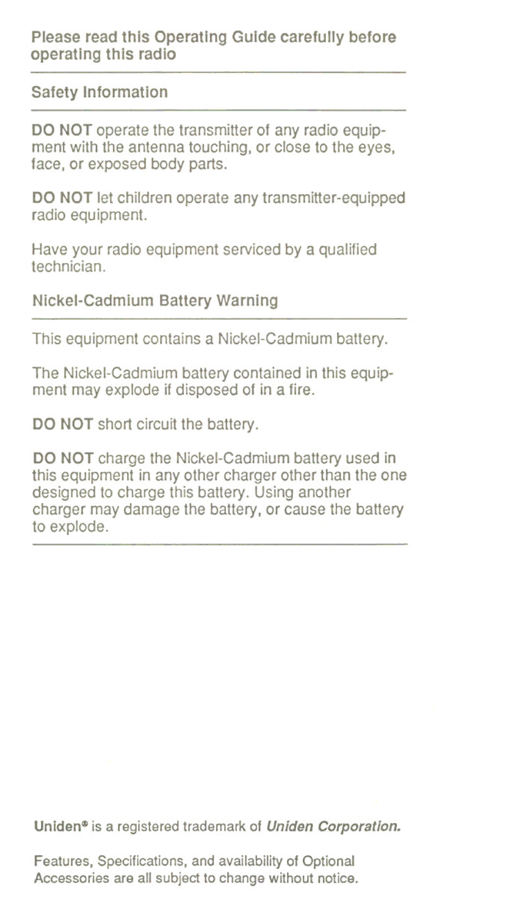 Uniden UH-056 manual Nickel-CadmiumBatteryWarning, Do not shortcircuitthe battery 